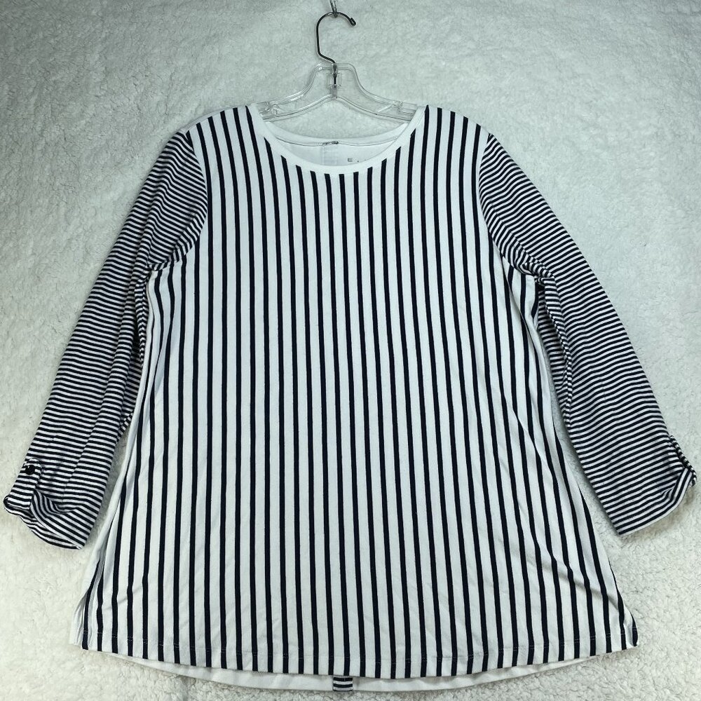 E.L.I. Sweater Womens Large White Black Stripe Cotton Blend Top Buttons Peru